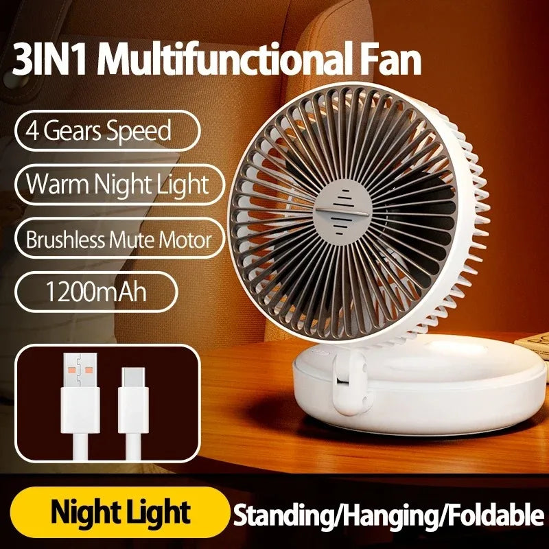 Foldable Desktop Fan Mini  Wall-Mounted Fan With Warm Night Light Rechargeable 4 Gears Adjustable Portable Air Circulation Fan - Mighty Dollars