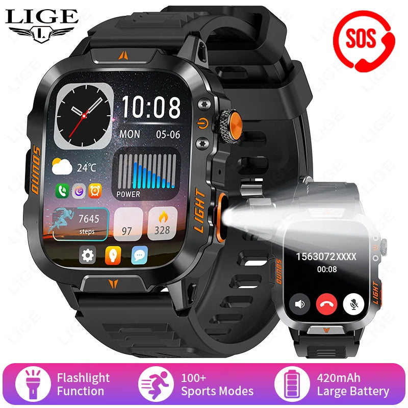 LIGE New Outdoor Military Smart Watch Men 420mAh LED Flashlight Heart Rate Sleep Health Monitoring Sport Fitness Smartwatch 2025