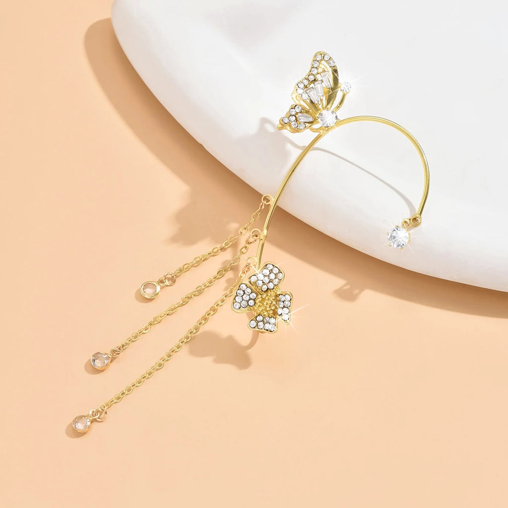 1Silver Plated Metal Leaf Butterfly Clip Earrings for Women Ear Clips Without Piercing Sparkling Zircon Ear Cuff Fashion Jewelry