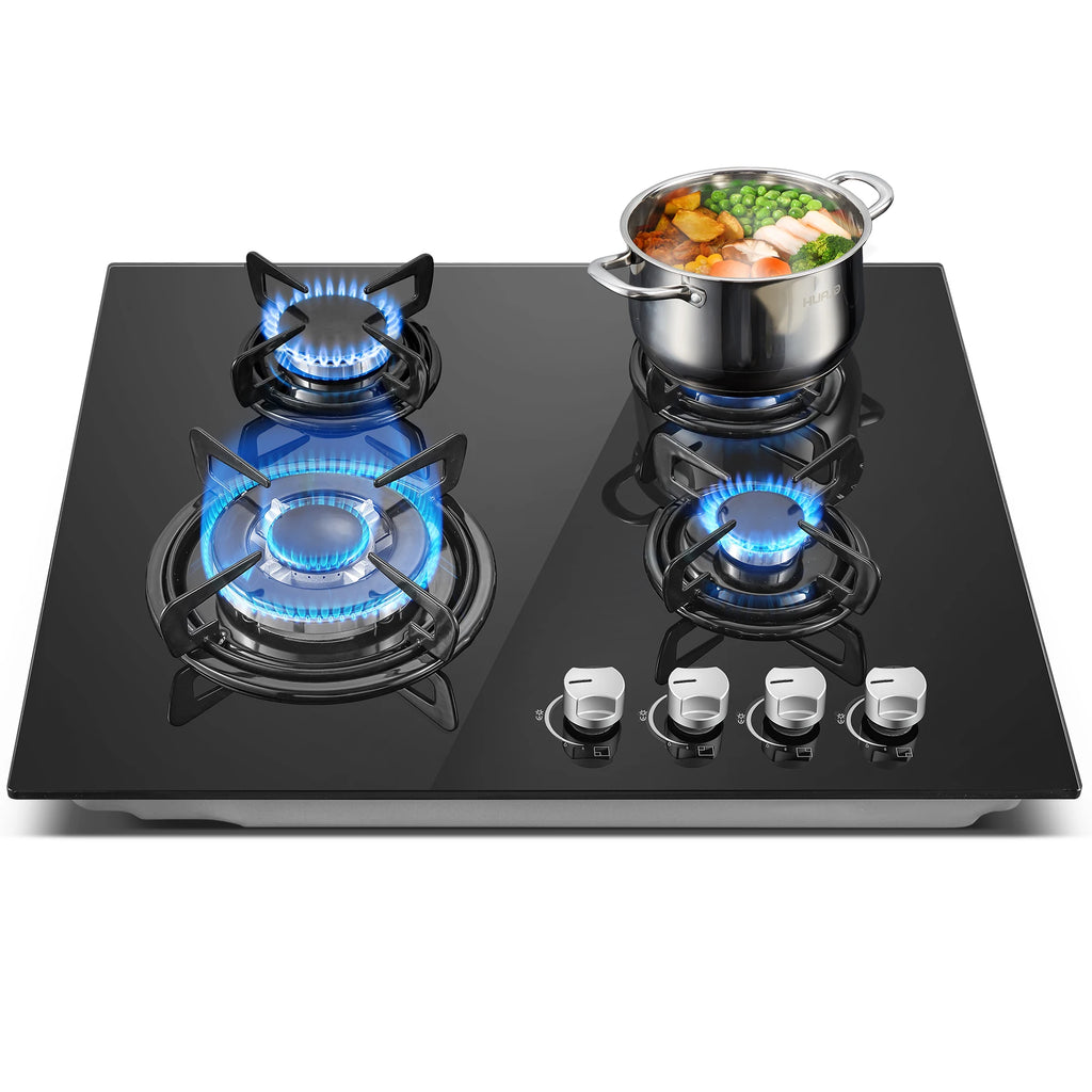 60cm Built-in Gas Hob 4 Burner | Auto Thermocouple & Safety Lock | 4-Zone Tempered Glass 8060W with Auto Ignition