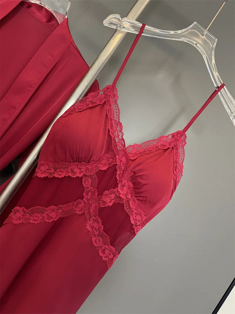 Sexy Female Nighty&Robe Set Lingerie Spring Summer Bathrobe Nightgown Two Piece Set Loose Silk Satin Home Dress Lounge Wear