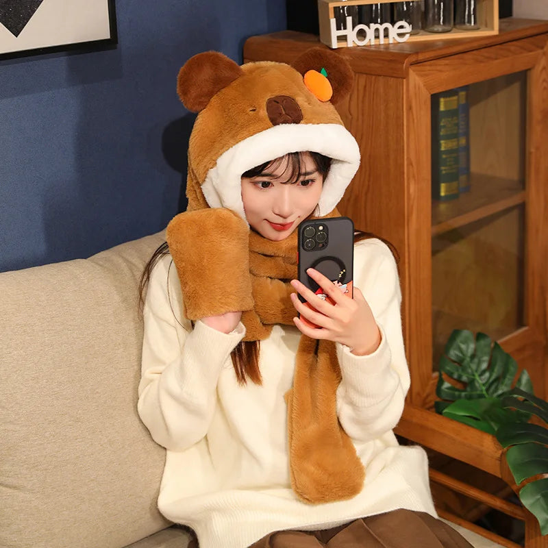 High Quality New Capybara Plush Hat Scarf Gloves 3-in-1 Elk Creative Cartoon Super Soft Warm Christmas Gift For Boys And Girls