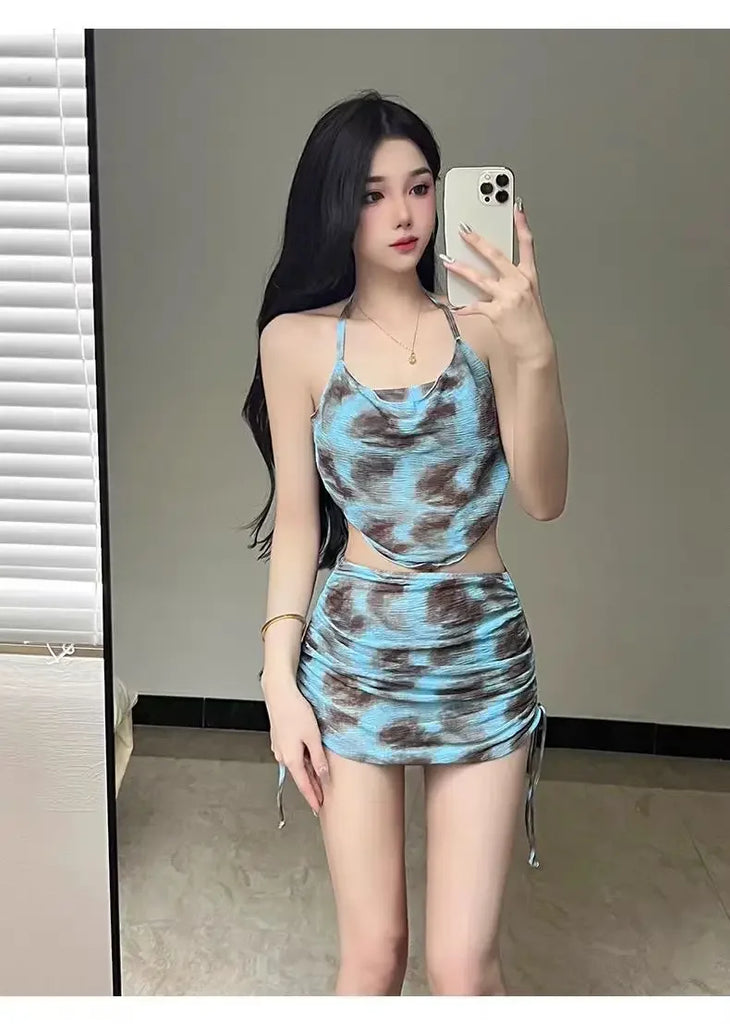 Sexy Women Floral Printed Bathing Suits with Beach Skirt Halter Bikinis Set Lady Push Up Swimsuit Swimwear Beachwear