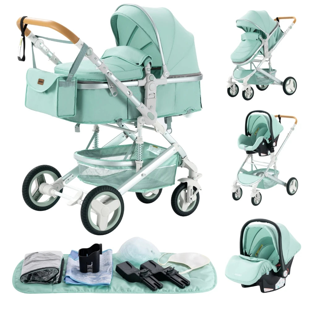 Luxurious 3 in 1 Baby Stroller Portable Travel Baby Carriage Folding Prams Aluminum Frame High Landscape Car for Newborn Baby BLACK