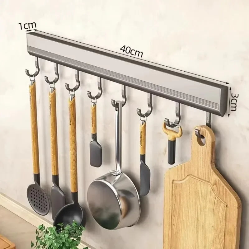 Kitchen Hook Wall Mounted Kitchen Storage Rack Storage Row Hook Holder No Punch Shelves with Movable Hook Kitchen Utensil