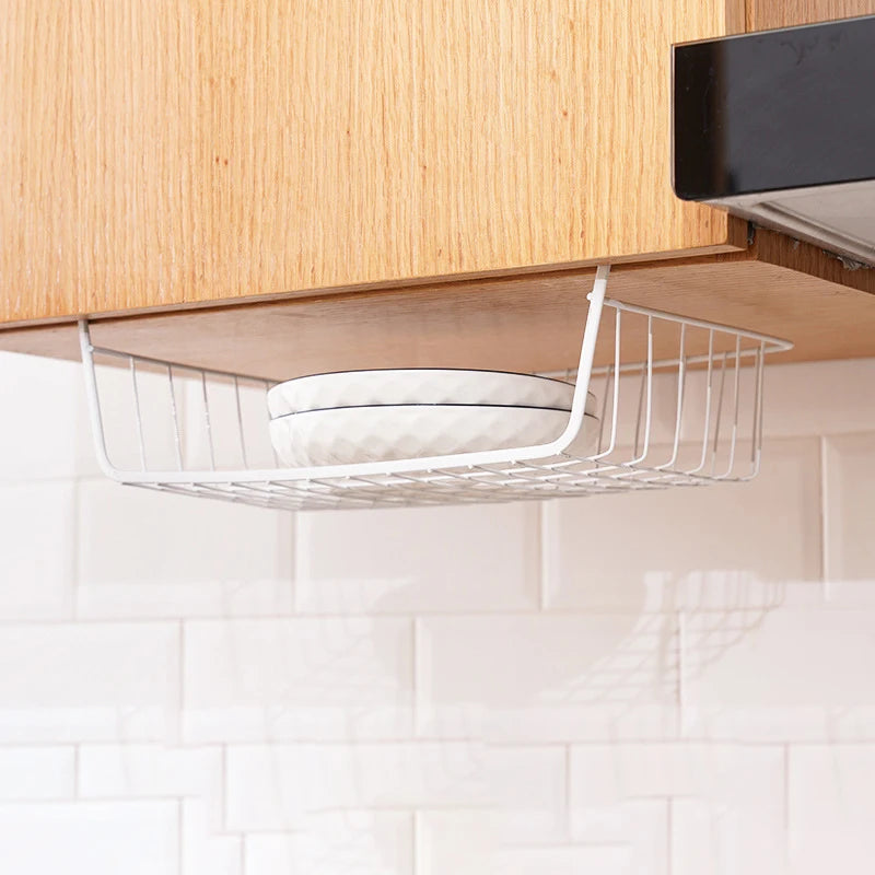1pc White/Black Hanging Net Basket Iron Material Large Capacity Hanging Under Cabinet Wall Wardrobe Storage Basket Kitchen Tools