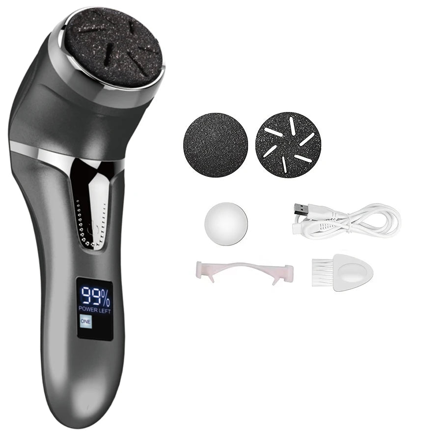 Rechargeable three head electric scab remover with chip removal vacuum cleaner, portable foot repair kit, LED display screen