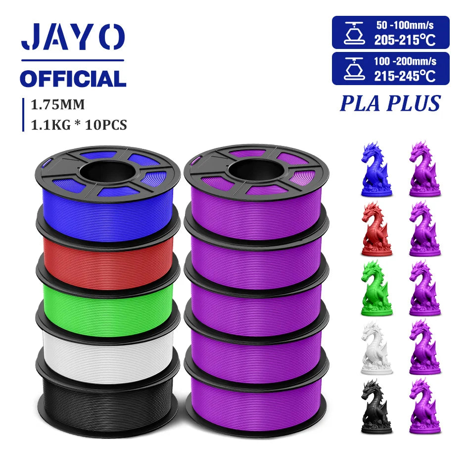 JAYO PLA + 3D Filament 1.75MM 10 Rolls PLA PLUS 3D Printer Filament Neatly Wound 3D Printing Filament 1.1kg Spool High Toughness