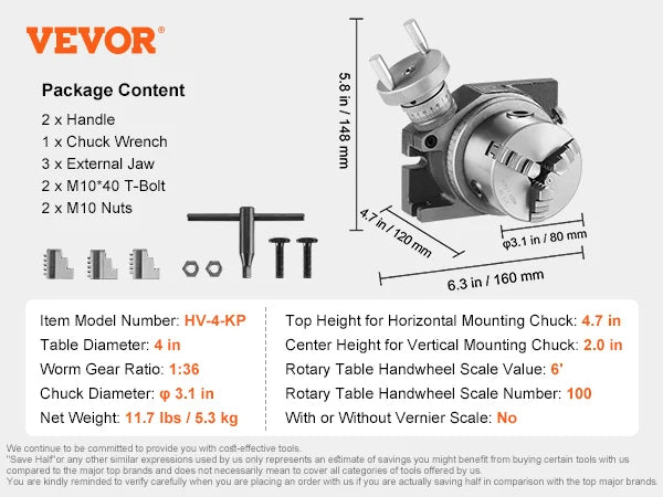 SucceBuy Precision Milling Rotary Table 4''/100mm Horizontal Vertical Model with 3-Jaw Chuck Indexing Tools for Milling Machines