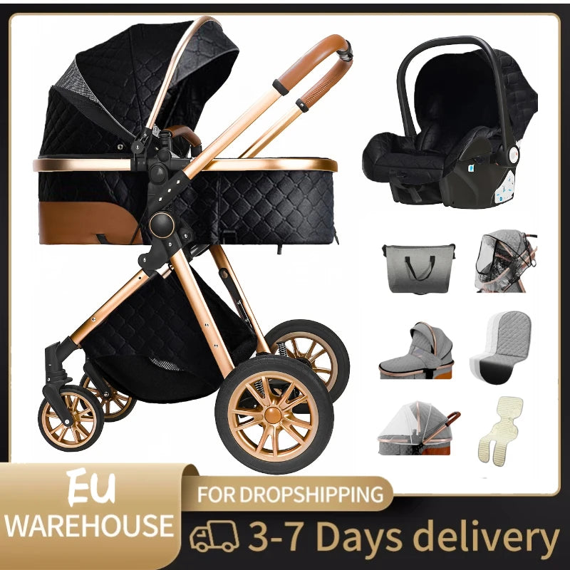 Luxurious Baby Stroller 3 in 1 Portable Travel Baby Carriage Folding Prams High Landscape Aluminum Frame Car for Newborn Baby
