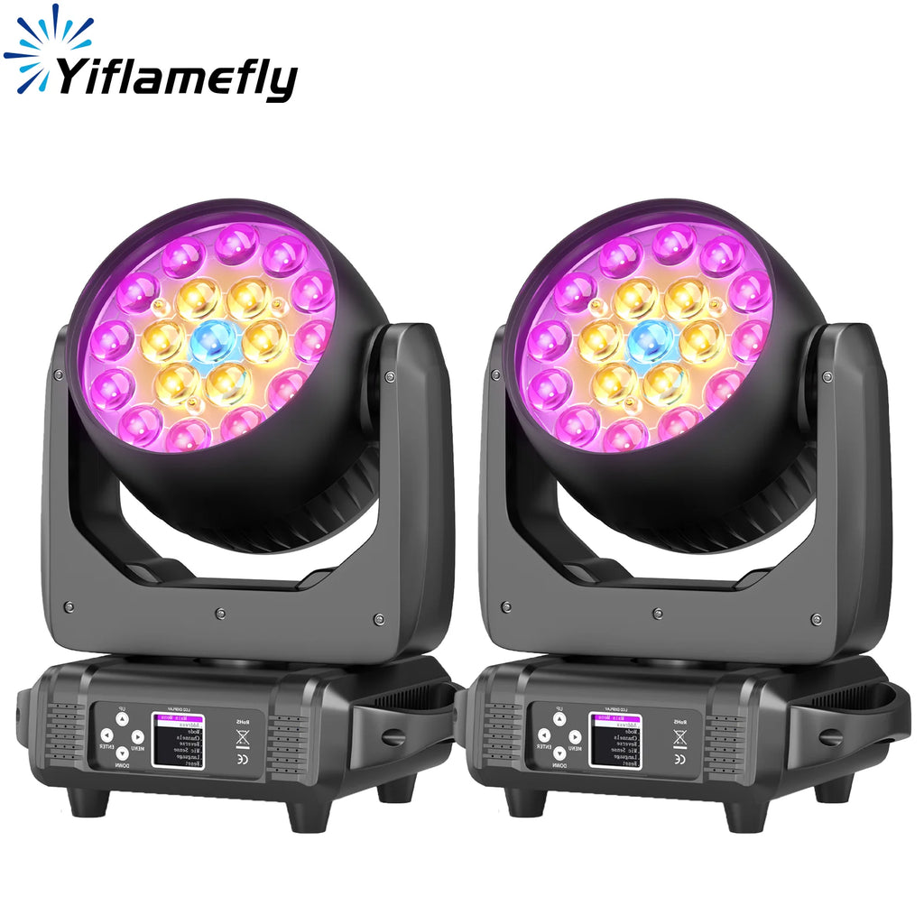 Yiflamefly 2Pcs Moving Head Lights With19X15W RGBW LED DMX512 Stage Light For DJ Karaoke Dance Hall KTV Disco Bar Stage Lighting