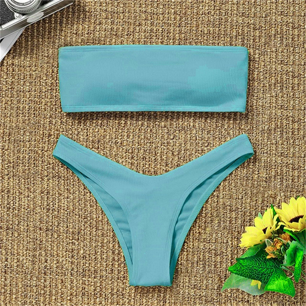 Sexy Textured Bikini 2024 Bandeau Swimsuit Women Swimwear Push Up Bikini Set Solid Bathing Suit Beach Wear Biquini Female