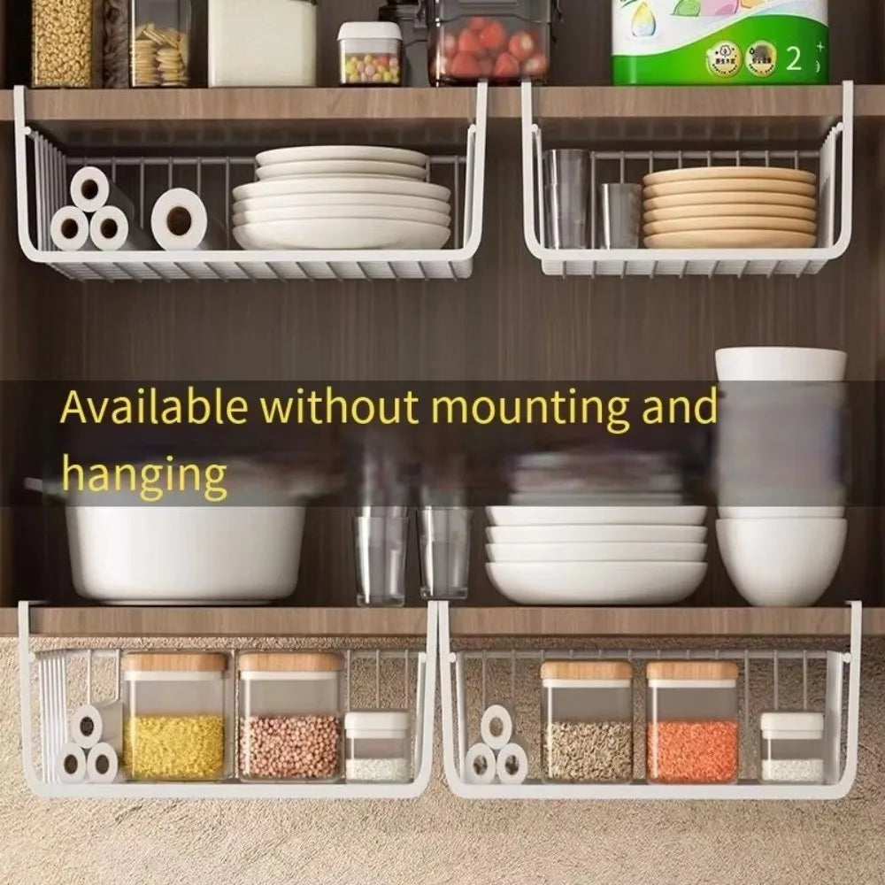 1pc White/Black Hanging Net Basket Iron Material Large Capacity Hanging Under Cabinet Wall Wardrobe Storage Basket Kitchen Tools