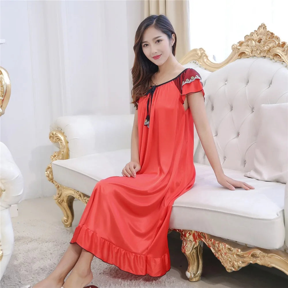 Sexy Nightgown Women 2025 Long Female Summer Short Sleepwear Faux Satin Bow Nightdress Round Neck Nightwear For Ladies  Nighty