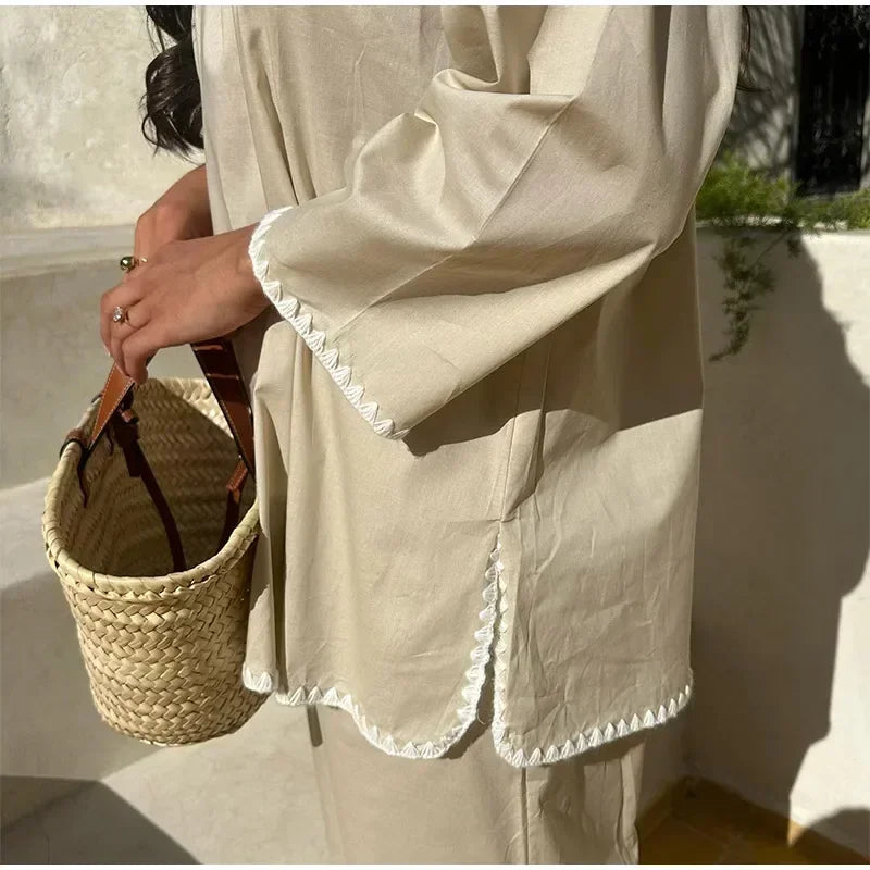 Women Vintage Solid Loose Pants Suit Lapel Single Breasted Long Sleeve Shirt Wide Leg Pants 2 Pcs Set 2025 New Ladies Streetwear