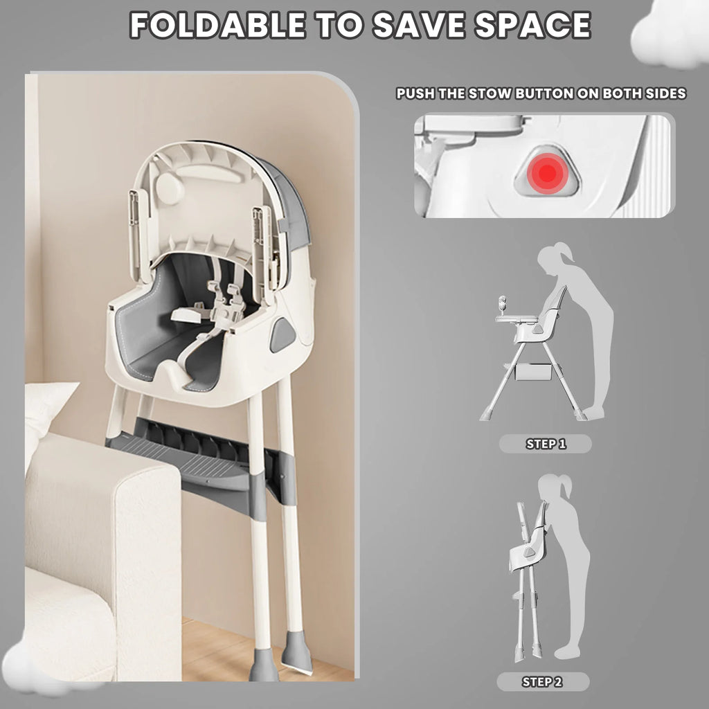 Foldable Baby High Chair 6 Months Plus, with Large Antislip Pad & ToyRack, Easy to Clean Feeding , E500