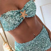 Sexy Sequined Bikini 2 Pieces Set For Woman Solid Strapless Sleeveless Crop Tops Slim A-line Mini Skirts 2025 Lady Summer Outfit