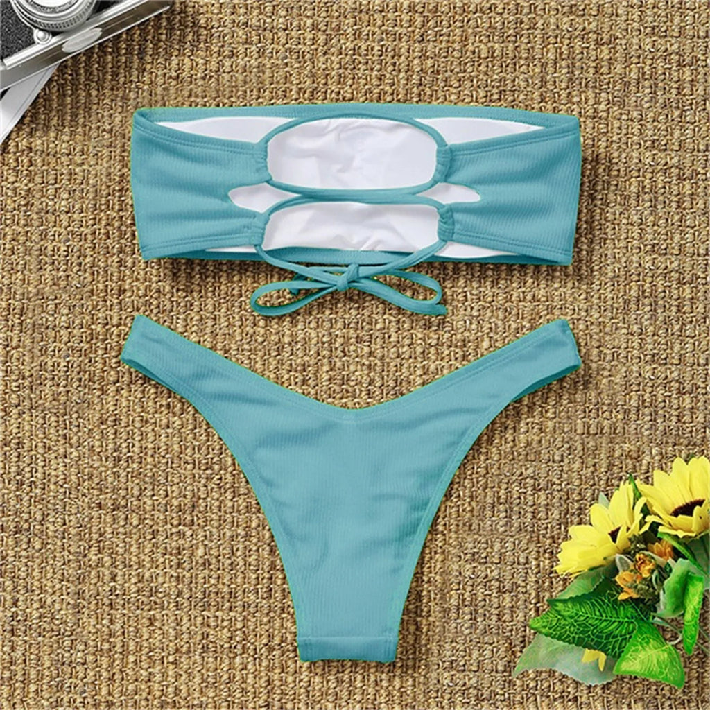 Sexy Textured Bikini 2024 Bandeau Swimsuit Women Swimwear Push Up Bikini Set Solid Bathing Suit Beach Wear Biquini Female