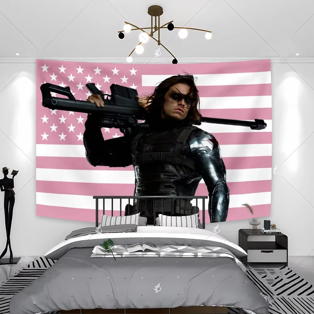 Bucky Barnes Flag Tapestry Pink American Flags Banner Aesthetic Wall Art Decor Bedroom Home Decor Background Cloth Festival Gift