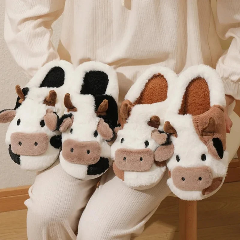 Winter Home Slippers for Couples Warm Plush Neutral Cartoon Cow Indoor Anti Slip Comfortable Cotton Slippers for Men and Women