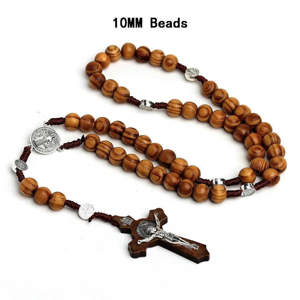Catholic Wood Beaded Rosary Necklaces For Women Christian INRI Crucifix Cross Pendant Long Chain Men Religion Prayer Jewelry