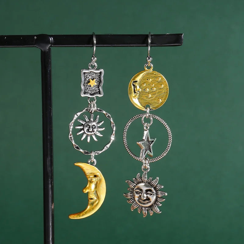 Greek Mythology Face Sun Moon Pendant Creative Design Women's Asymmetric Personality Pendant Earrings Party Gift Custom Jewelry