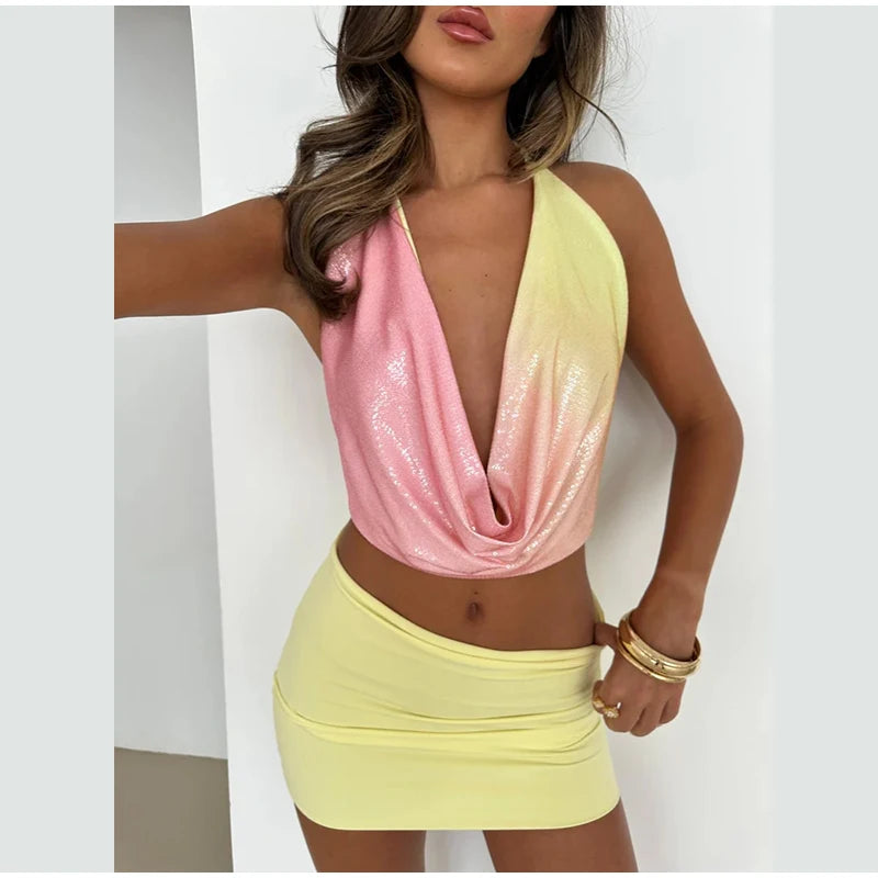 Sexy Sequined Halter Skirt Set Women Sleeveless Lace Up Tops Hip Package A-line Skirts 2025 Summer Lady Chic Party Beach Outfits