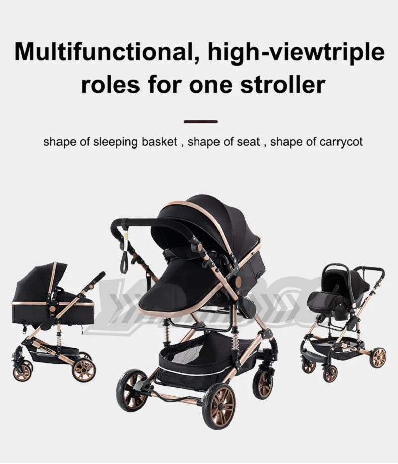 Luxurious 3 in 1 Baby Stroller Portable Travel Baby Carriage Folding Prams Aluminum Frame High Landscape Car for Newborn Baby BLACK