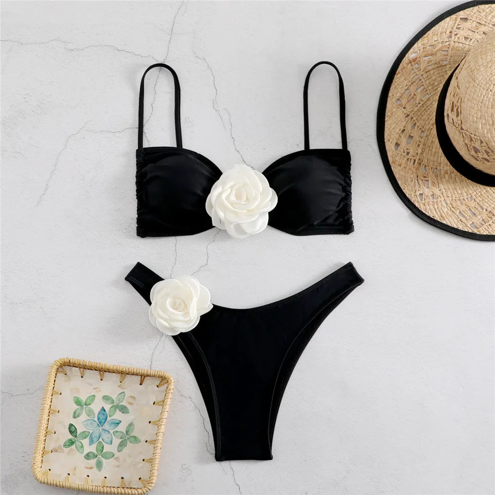 Sexy Flower Bandeau Swimwear Thong Bikini 2025 Women Lace-up Swimsuit Swimming Bathing Suit Brazilian Bikinis Sets Mujer Biquini