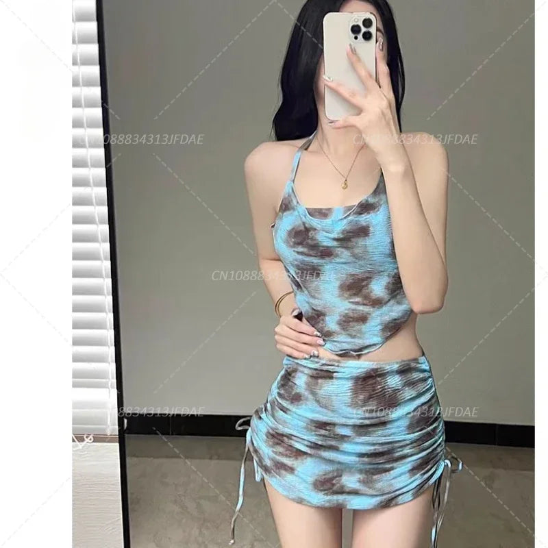 Sexy Women Floral Printed Bathing Suits with Beach Skirt Halter Bikinis Set Lady Push Up Swimsuit Swimwear Beachwear