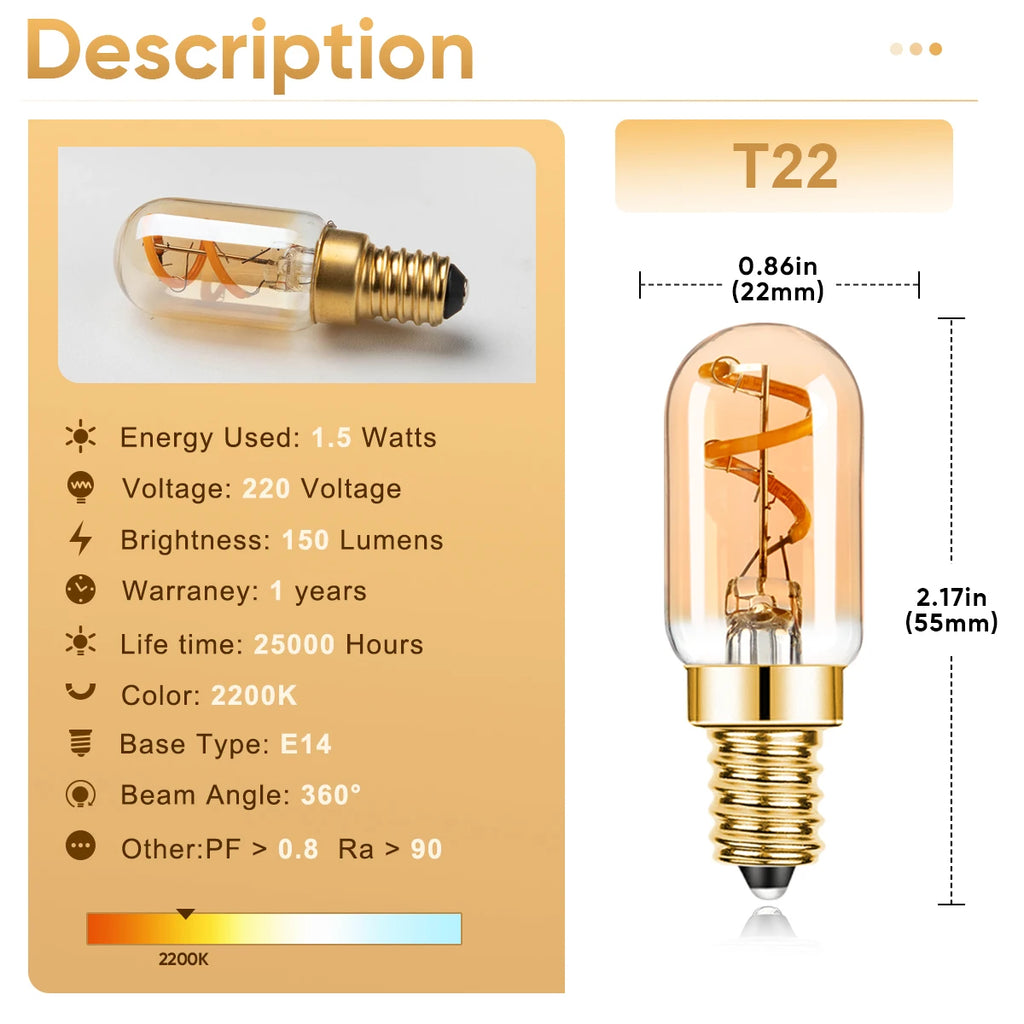 Dimmable T22 E14 Led Bulb 220V 1.5W Edison Spiral Filament Lamp Warm White Salt Lamps Retro Night Lights Mini Tube Light Decor