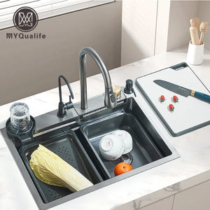 304Stainless Steel Waterfall Kitchen Sink Large Single Slot Integrated 60X45cm Faucet Set Soap Dispenser/Pure Water/Cup Washer