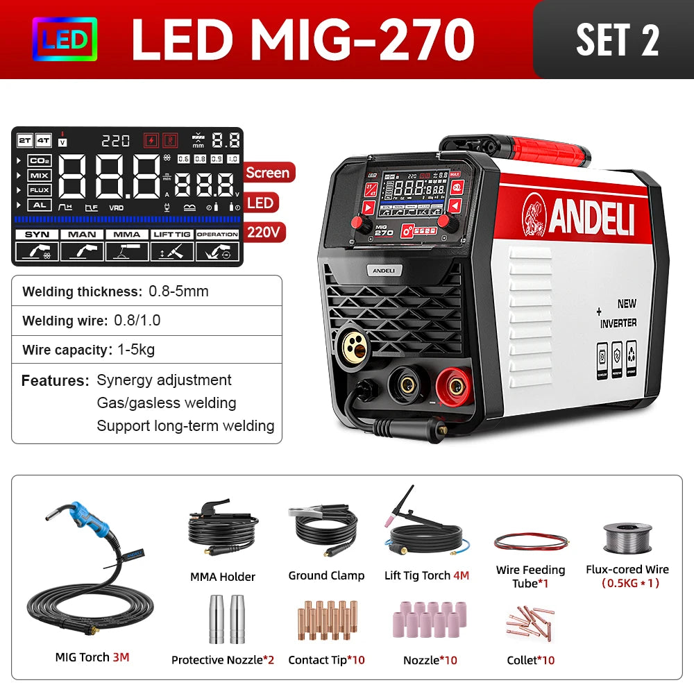 ANDELI 220V MIG Welding Machine 4 in 1 200A IGBT Inverter Semi-Automatic Welding MIG LIFT TIG MMA Aluminum Welder Gas/Gasless