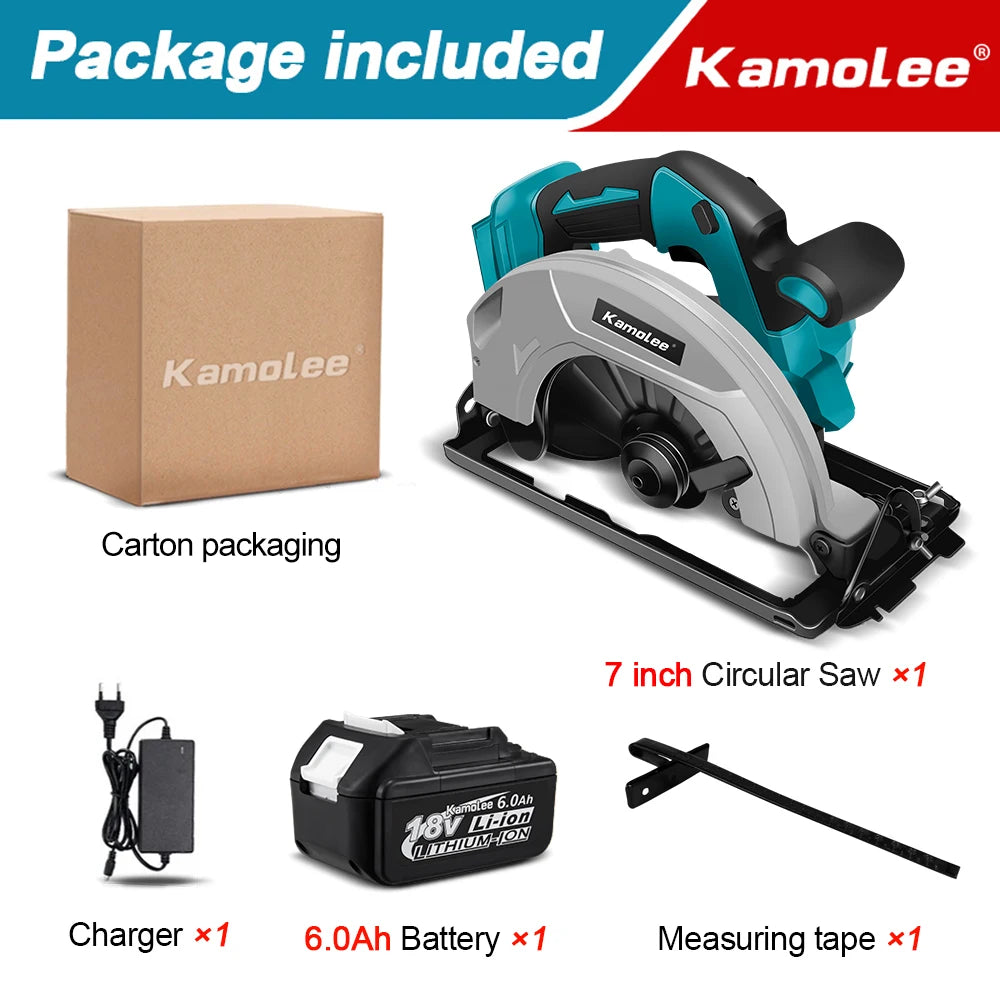 Kamolee 7 inch 21V 6.0Ah 6000mAh Electric Circular Saw  for Home DIY Apply to 18V 21V Battery