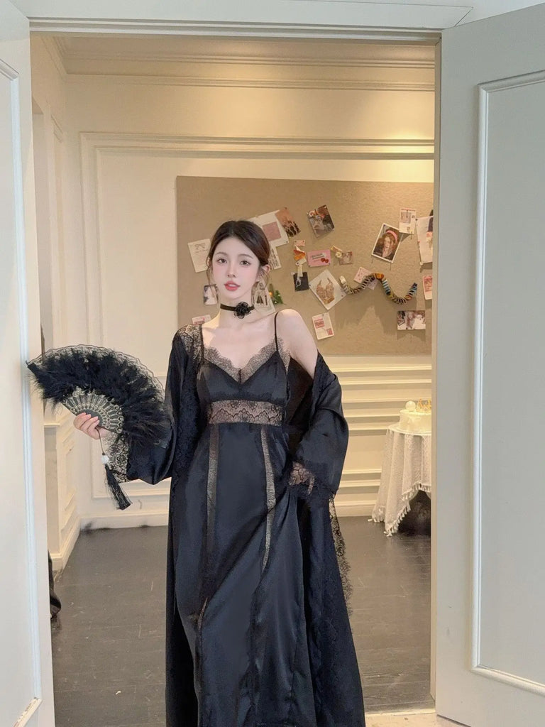 Women Long Twinset Robe Set Sexy Lace Trim Wedding Bathrobe Kimono Gown Sleepwear Elegant Ice Silk Nightgown Loungewear Homewear