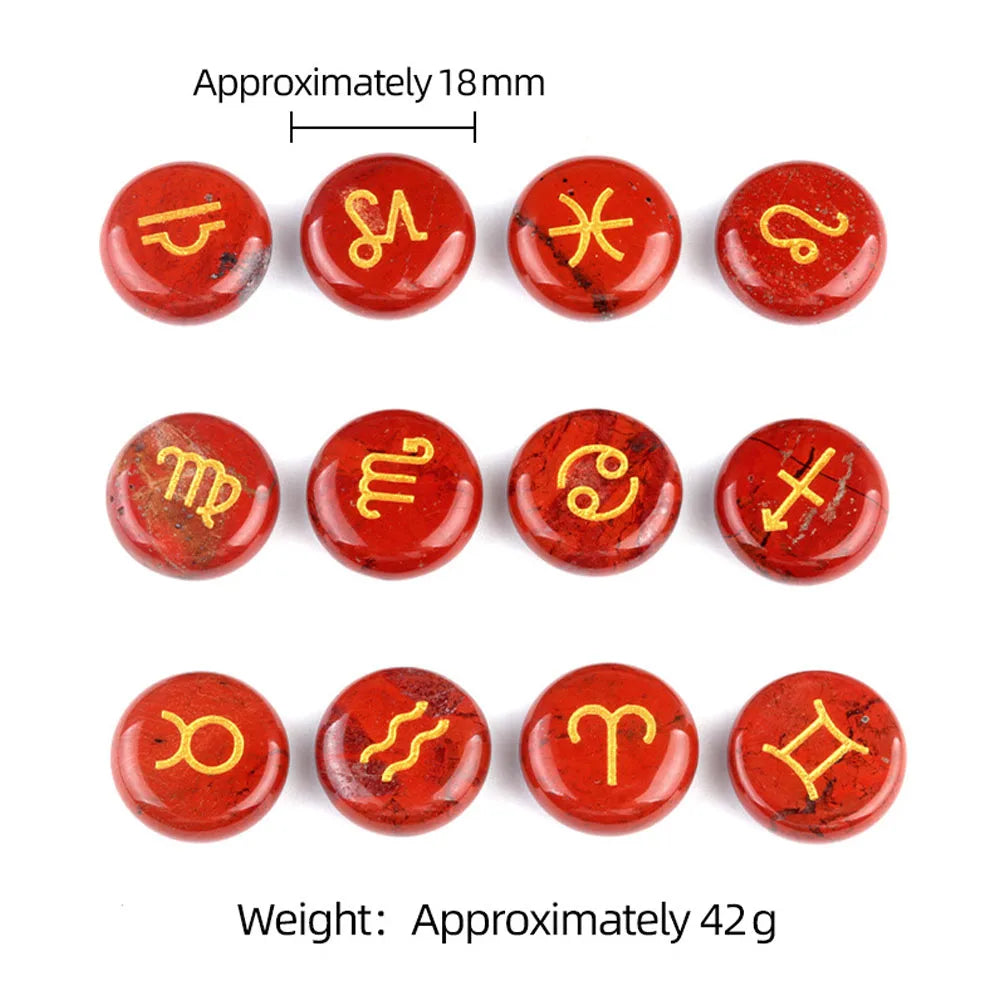 12pcs 18mm Round Zodiac Ornament Natural Stone Crystal Agate 12 Zodiac Sign Rune Reiki Stone Jewelry Accessories Christmas Gift