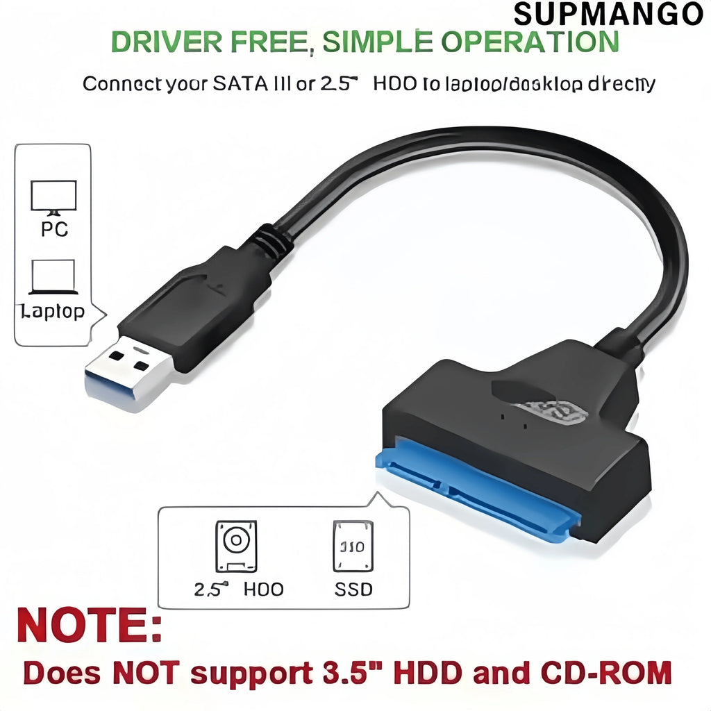 USB 3.0 to SATA Adapter Cable for 2.5" HDD/SSD – 6Gbps High-Speed Data Transfer – SATA III (22-Pin) Hard Drive Converter