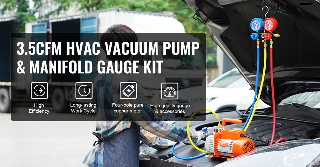 SucceBuy 3.5CFM 4CFM Single Stage Rotary Vane HVAC Air AC Vacuum Pump & A/C Refrigerant Kit Manifold Gauge Set Air Conditioning