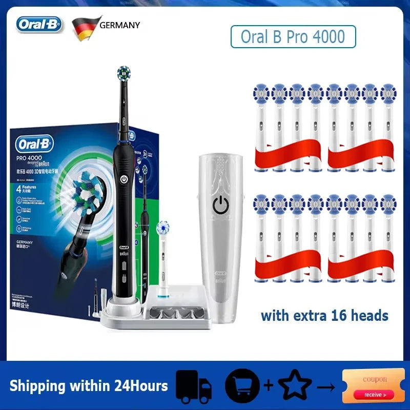 Oral B Pro 4000 Electric Toothbrush Rechargeable 3D Visible Pressure Sensor 4 Modes Sonic Tooth Brush for Adults Oral Cleaning