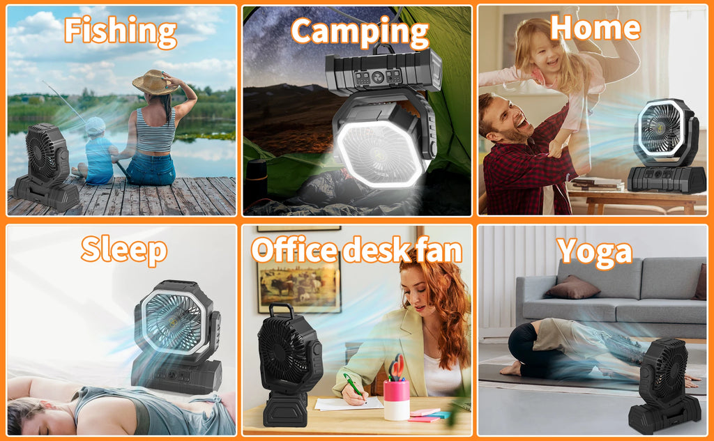 Portable USB Rechargeable Camping Fan Wireless Handheld Cooling Fan with Hook 270° Rotatable Head 10000mAh 20000mAh