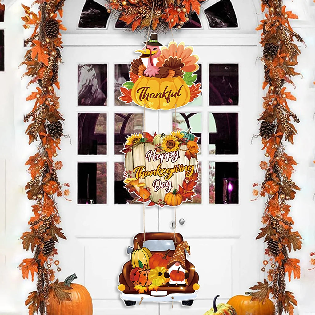 Happy Thanksgiving Day Door Banner Autumn Vine Wreath Dwarf Doll Ornament Gnomes Decorations for Home Tiered Tray Tabletop Decor