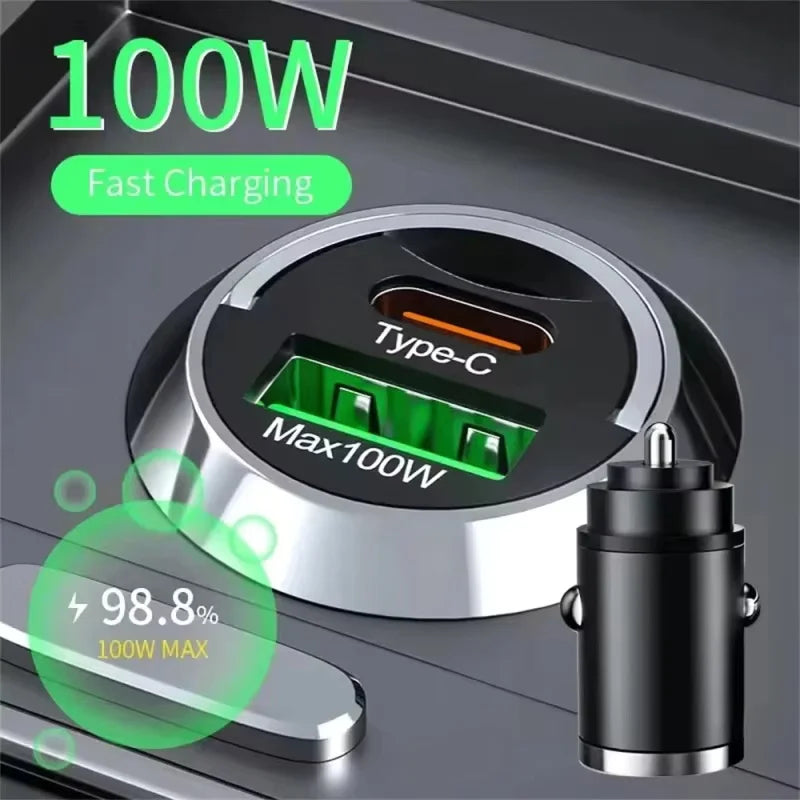 100W Mini Car Charger Lighter Fast Charging for iPhone QC3.0 Mini PD USB Type C Car Phone Charger for Xiaomi Samsung Huawei