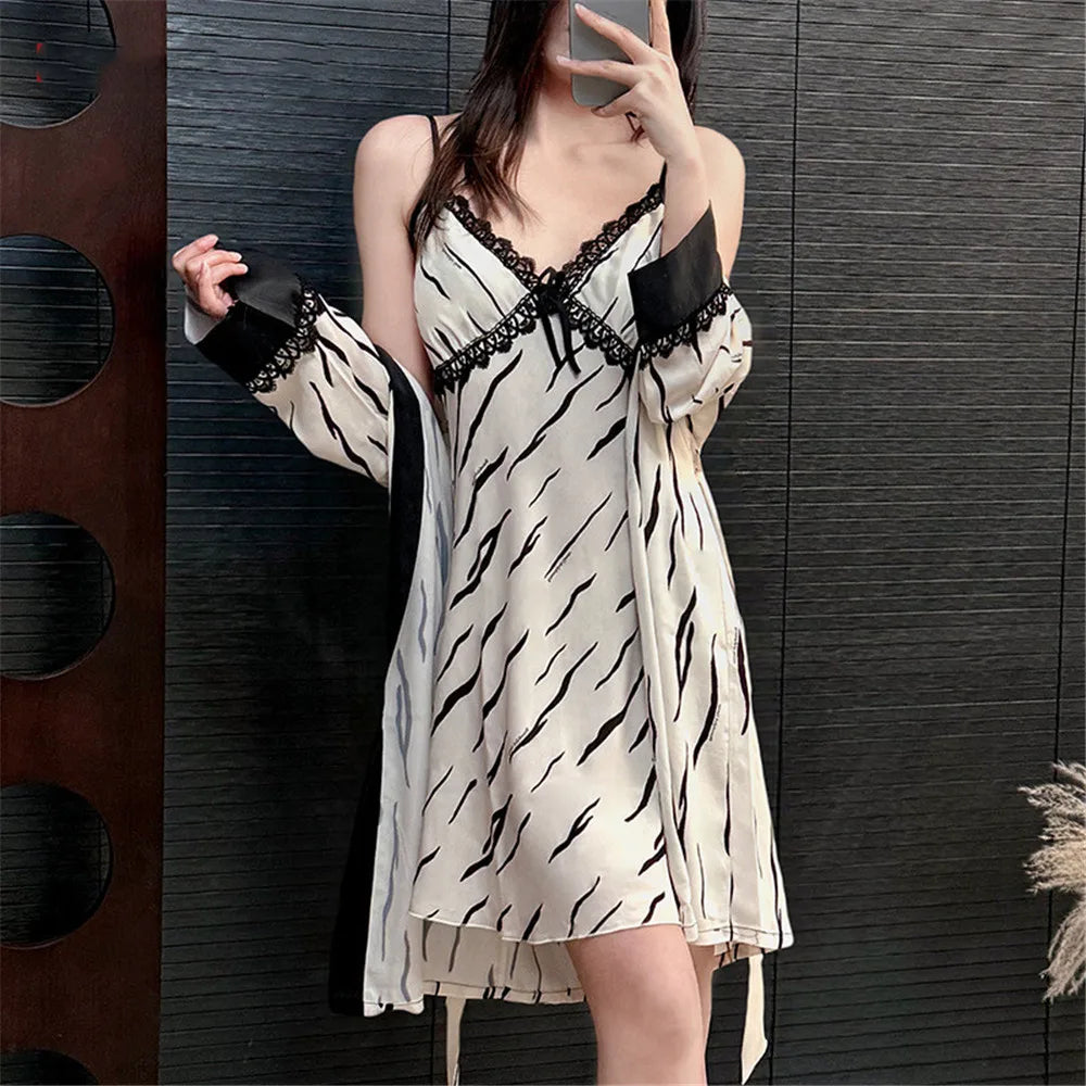 Female Nighty&Robe Set Sleepwear Summer Bathrobe Nightgown Sexy Lace Suspender Nightdress Home Dressing Gown Rayon Nightwear