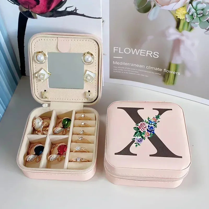 Flower&alphabet Jewelry Box Ring Boxes Travel Leather Jewellery Case Letter Print Bridesmaid Proposal Birthday Christmas Gift