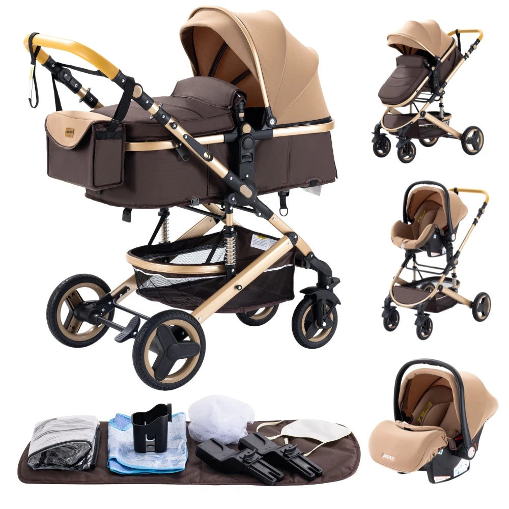 Luxurious 3 in 1 Baby Stroller Portable Travel Baby Carriage Folding Prams Aluminum Frame High Landscape Car for Newborn Baby BLACK