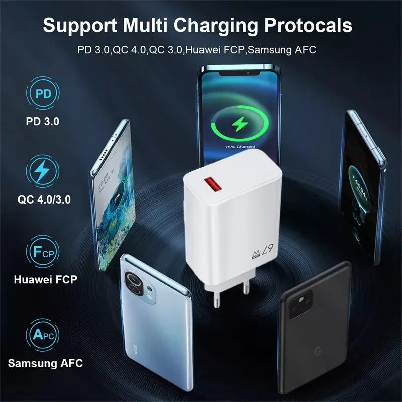 67W USB Charger Fast Charging Mobile Phone Adapter USB Quick Charger QC3.0 Adapter For iPhon Samsun Xiaomi 15 Redmi Oneplus