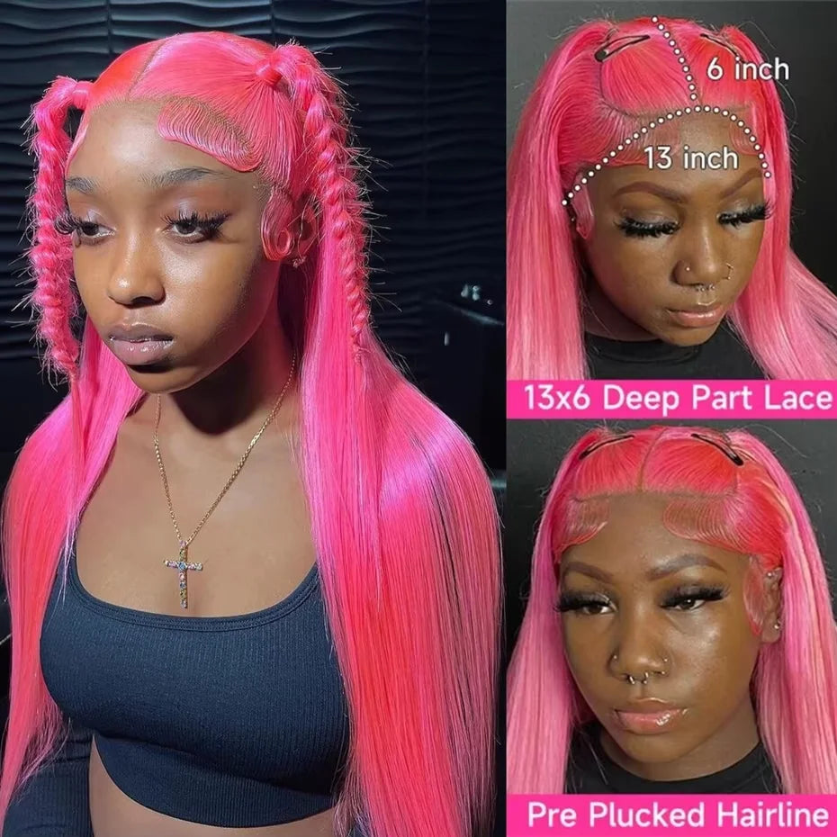 40 Inch Hot Pink Transparent Lace Front Wig Human Hair 13x6 Lace Frontal Wigs For Women Long Straight Colored Human Hair Wigs