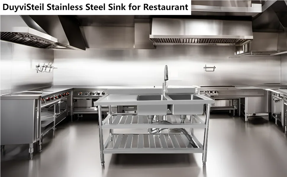 304 Stainless Steel Sink Commercial Restaurant Kitchen Sink with Drawable Hot & Cold Water Faucet