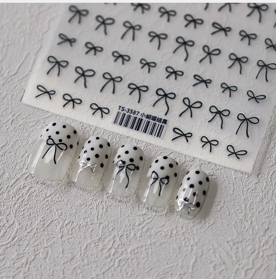 Lovely Gold Silver Black White Line Bowknot 3D Self Adhesive Nail Art Decorations Stickers Ribbon Cute Manicure Decals Wholesale