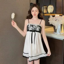 Sexy Lace Edge Nighty&Robe Set Spring Summer Suspender Nightdress Lingerie Home Dress Silky Satin Casual Bathrobe Kimono Gown